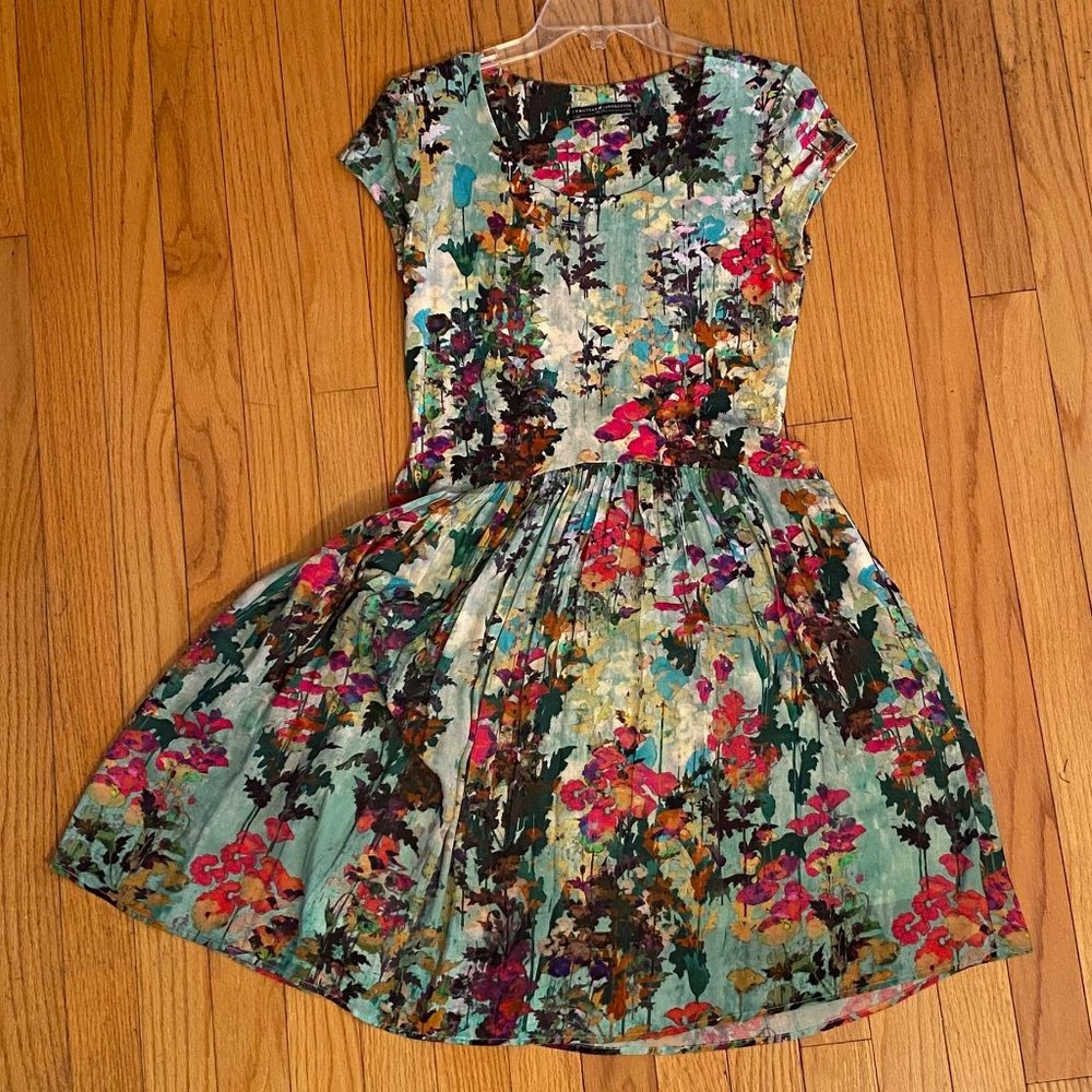 Peruvian Connection Water Color Blue Pink Tan Pastel Flowers Spring Summer Dress